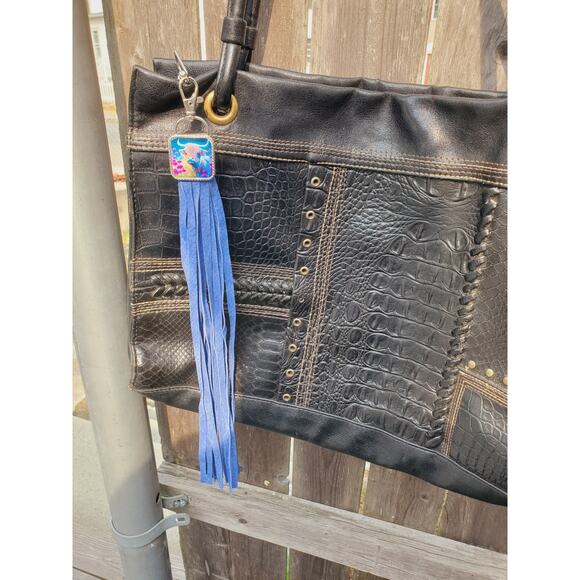 Handmade cow lover boho Leather Fringe Western bag charm, Long fringe keychain - Picture 5 of 5